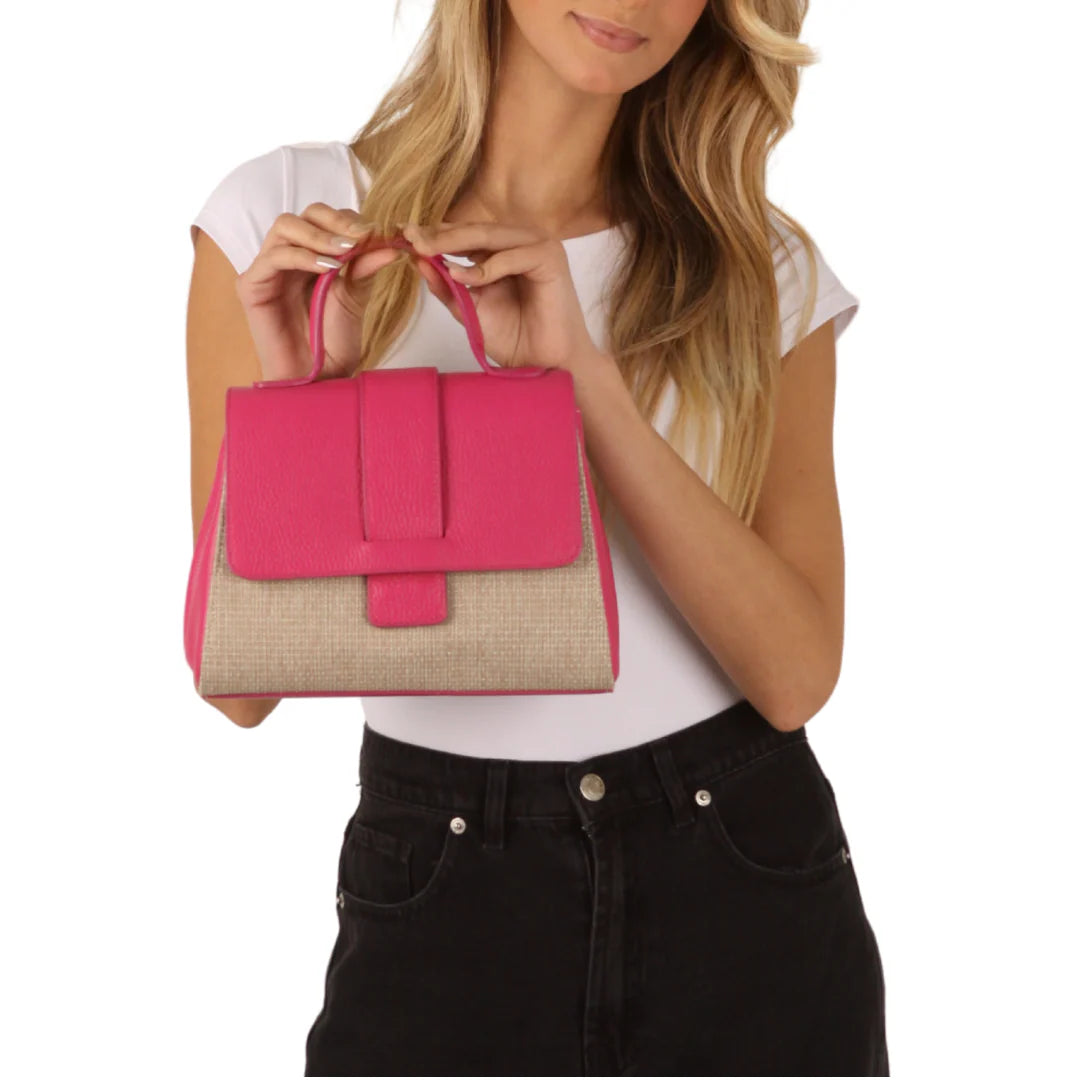 German Fuentes Genuine Italian Leather + Raffia Top Handle Crossbody ...